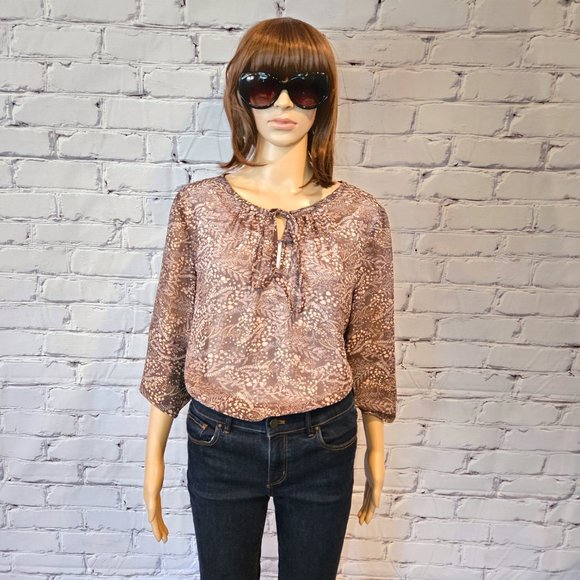 Ann Taylor - LOFT, Long sleeve brown/pink floral sheer blouse - Picture 5 of 14